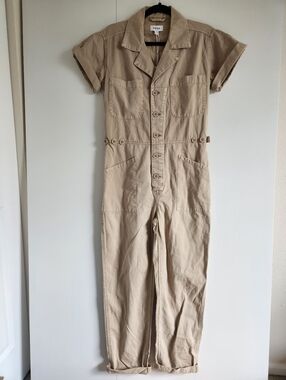 Pistola Grover Denim Jumpsuit Utility Tan Short Sleeve Button Up Front Small NWT